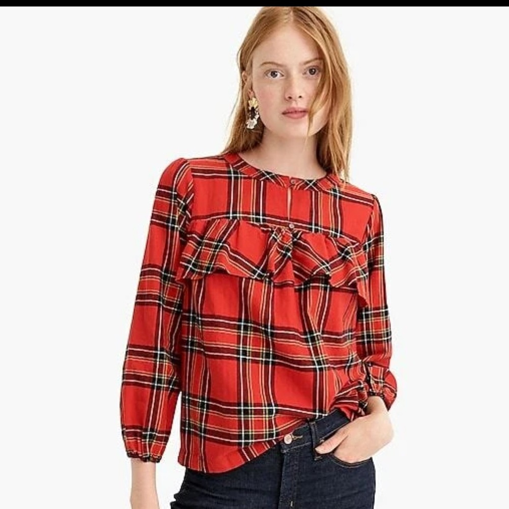 J. Crew Red Ruffle Blouse Tartan Popover Plaid Festive Flannel Sz S 100% Cotton